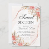 Elegant Peach Floral Glitzer Sweet 16 Birthday Einladung (Vorderseite)