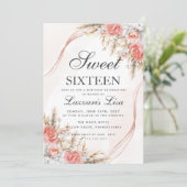 Elegant Peach Floral Glitzer Sweet 16 Birthday Einladung (Stehend Vorderseite)