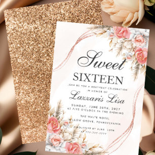 Elegant Peach Floral Glitzer Sweet 16 Birthday Einladung