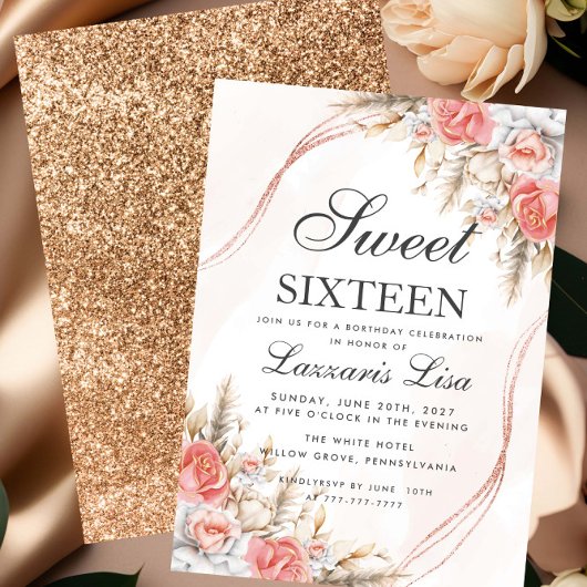 Elegant Peach Floral Glitzer Sweet 16 Birthday Einladung