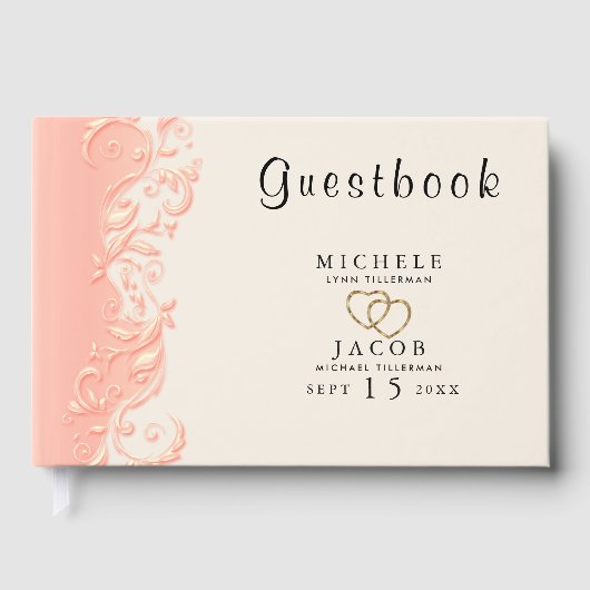 Elegant Peach Floral Swirl Gästebuch (Vorderseite)
