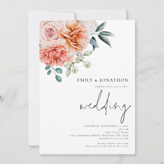 Elegant Peach Florals QR Code Wedding Einladung (Vorderseite)