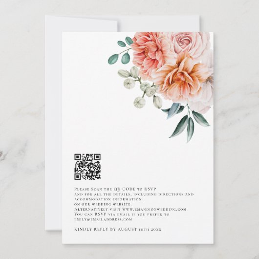 Elegant Peach Florals QR Code Wedding Einladung (Rückseite)