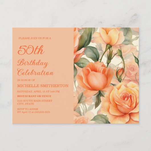 Elegant Peach Orange Rose 50. Geburtstag Einladungspostkarte (Vorderseite)
