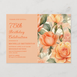 Elegant Peach Orange Rose 75. Geburtstag Einladungspostkarte