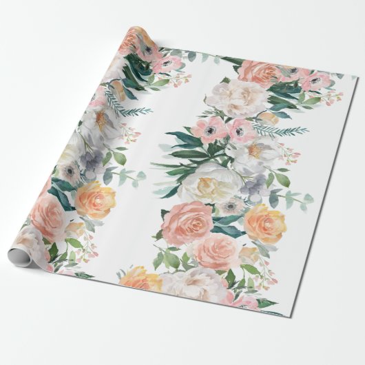 Elegant Peach Peony Garden Blumengrün Geschenkpapier (Ungerollt)