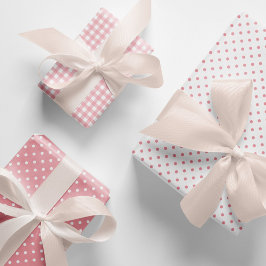 Elegant Peach Pink Polka Dots Gingham Pattern Mix Geschenkpapier Set