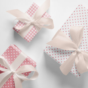 Elegant Peach Pink Polka Dots Gingham Pattern Mix Geschenkpapier Set