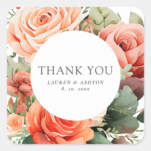 Elegant Peach Rose Wedding Vielen Dank Quadratischer Aufkleber (Vorderseite)