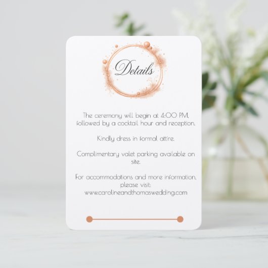 Elegant Peach Sparkle Wedding Script Calligraphy Begleitkarte (Stehend Vorderseite)