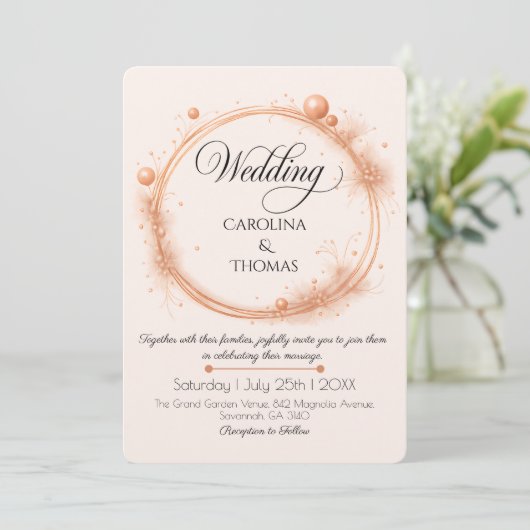 Elegant Peach Sparkle Wedding Script Calligraphy Einladung (Stehend Vorderseite)