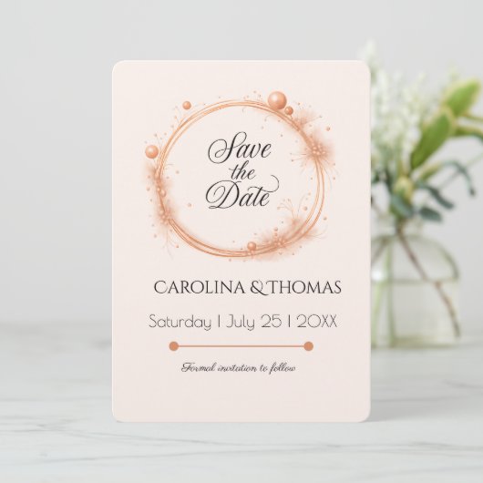 Elegant Peach Sparkle Wedding Script Calligraphy Save The Date (Stehend Vorderseite)