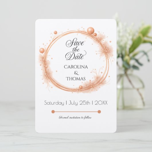 Elegant Peach Sparkle Wedding Script Calligraphy Save The Date (Stehend Vorderseite)