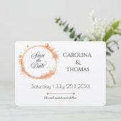Elegant Peach Sparkle Wedding Script Calligraphy Save The Date (Stehend Vorderseite)