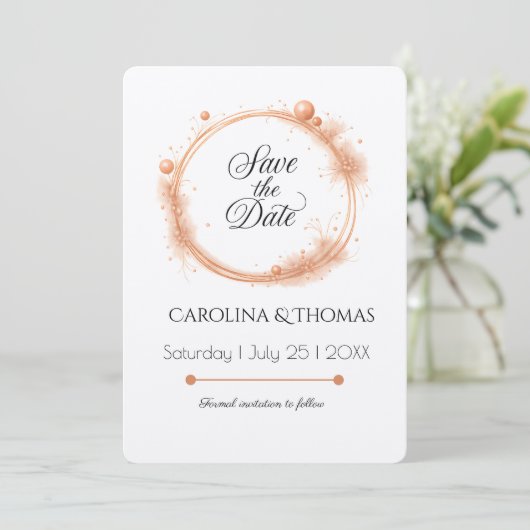Elegant Peach Sparkle Wedding Script Calligraphy Save The Date (Stehend Vorderseite)