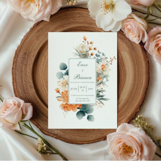 Elegant Peach White Eucalyptus Gold Speckle Einladung