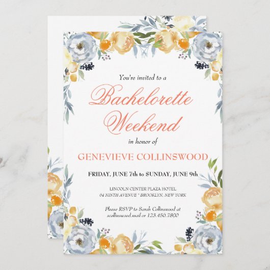 Elegant PeachFloral Bachelorette Wochenende Ausflu Einladung (Vorne/Hinten)