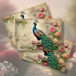 Elegant Peacock Birdcage Floral Ephemera Decoupage Seidenpapier