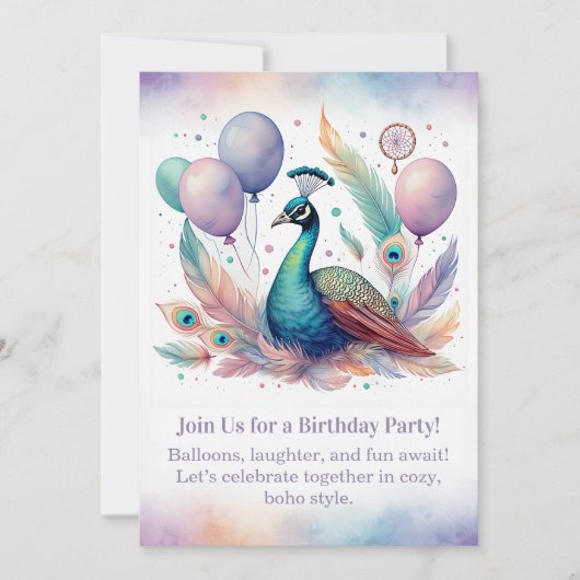 Elegant Peacock Birthday Invitation Boho Einladung (Vorderseite)