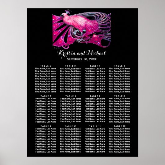 ELEGANT PEACOCK Black Pink Hochzeitstabelle Poster (Vorne)