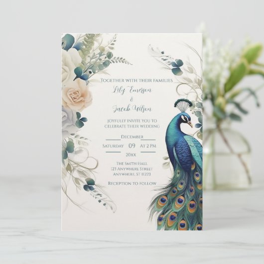 Elegant Peacock Einladung (Stehend Vorderseite)