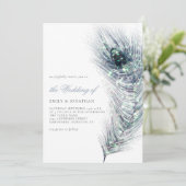 Elegant Peacock Feather Aquamarin Blue Script Wedd Einladung (Stehend Vorderseite)