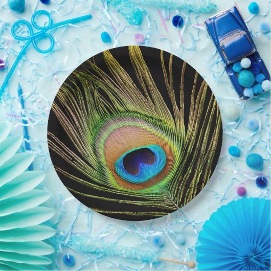 Elegant Peacock Feather Black Pappteller (Party)