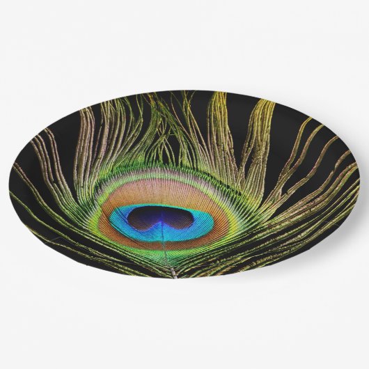 Elegant Peacock Feather Black Pappteller (Schrägansicht)