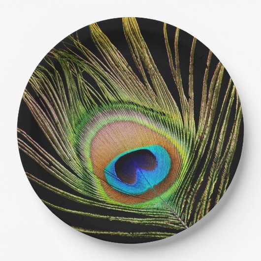 Elegant Peacock Feather Black Pappteller (Vorderseite)