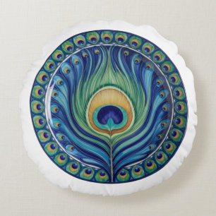 Elegant Peacock Feather Mandala Rundes Kissen