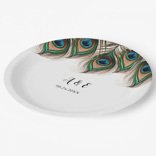 Elegant Peacock Feather Wedding Pappteller (Schrägansicht)