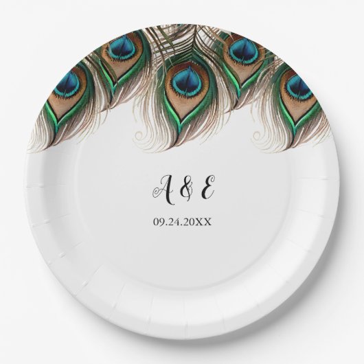 Elegant Peacock Feather Wedding Pappteller (Vorderseite)
