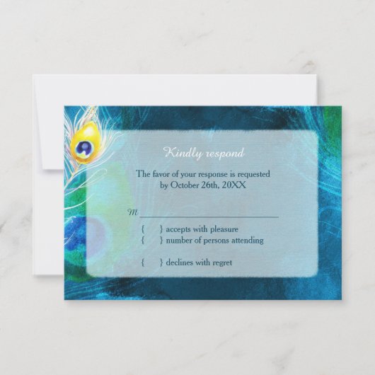 Elegant Peacock Feathers Blue Wedding RSVP Karte (Vorderseite)