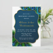 Elegant Peacock Feathers Gold Bridesmaids Luncheon Einladung (Stehend Vorderseite)