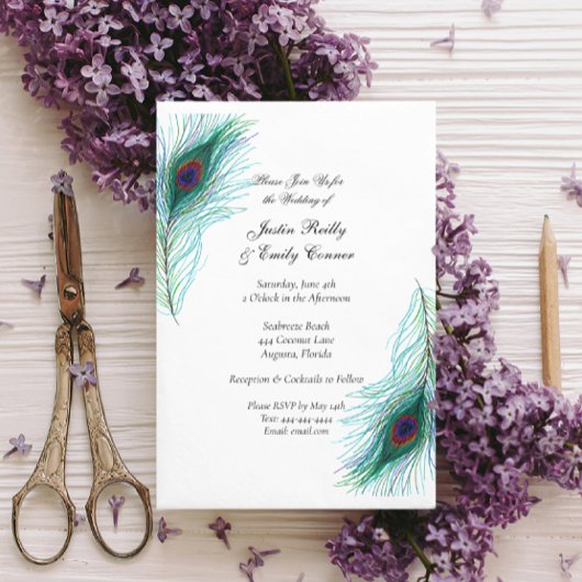 Elegant Peacock Feathers Wedding Einladung