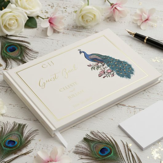 Elegant Peacock Foto Wedding Guest Book Gästebuch