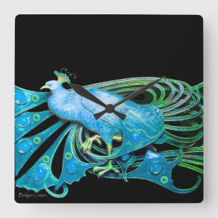 ELEGANT PEACOCK IN AQUA BLUE ,TEAL AND BLACK QUADRATISCHE WANDUHR