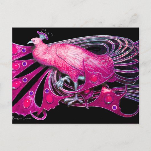 ELEGANT PEACOCK IN PINK FUCHSIA SCHWARZ POSTKARTE (Vorderseite)