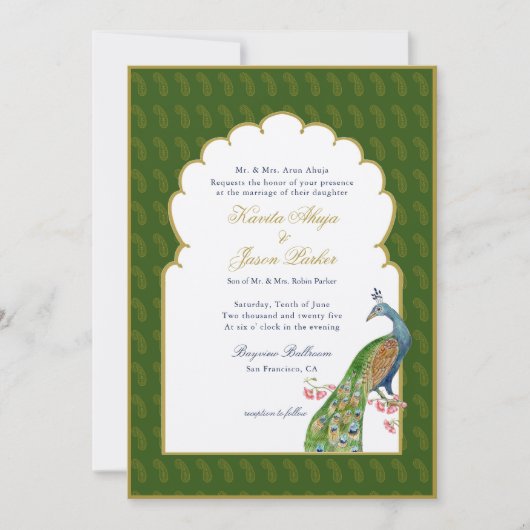 Elegant Peacock Indische Hochzeit Dunkelgrün Einladung (Vorderseite)