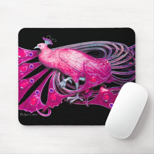 ELEGANT PEACOCK JEWEL IN PINK FUCHSIA SCHWARZ MOUSEPAD (Mit Mouse)