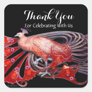 ELEGANT PEACOCK JEWEL IN RED BLACK Vielen Dank Quadratischer Aufkleber