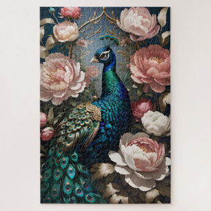 Elegant Peacock Pink Peonies Puzzle