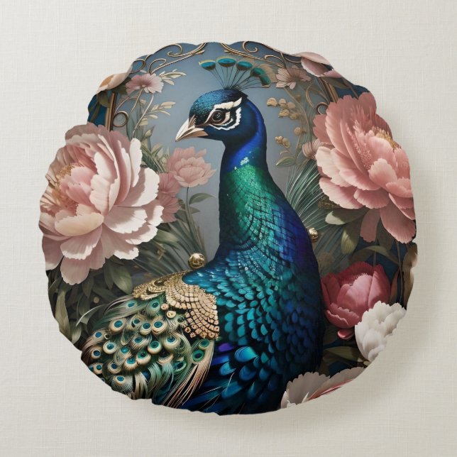 Elegant Peacock Pink Peonies Rundes Kissen (Vorderseite)