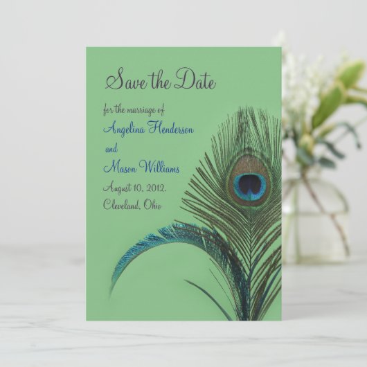 Elegant Peacock Save the Date (grün) (Stehend Vorderseite)