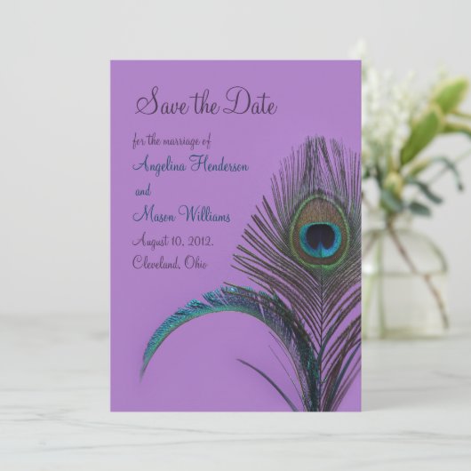 Elegant Peacock Save the Date (lila) (Stehend Vorderseite)