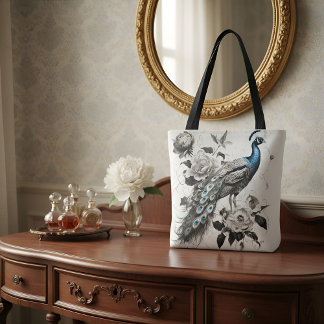 Elegant Peacock Tote Bag with Floral Illustration  Tasche