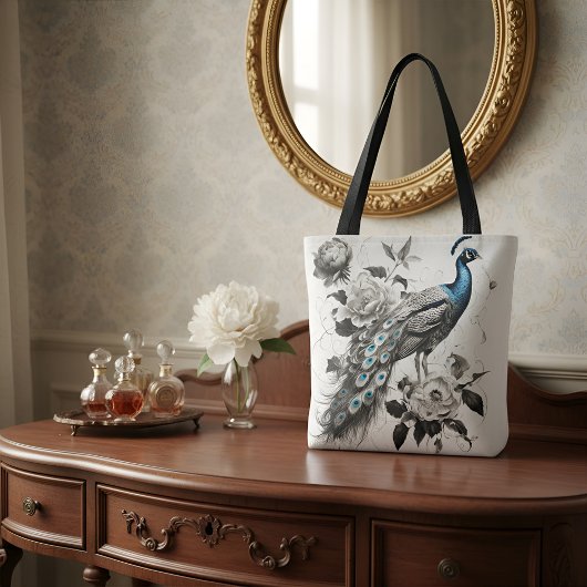 Elegant Peacock Tote Bag with Floral Illustration Tasche