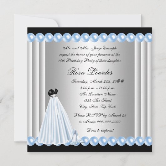 Elegant Pearl Baby Blue Quinceanera Einladungen (Rückseite)