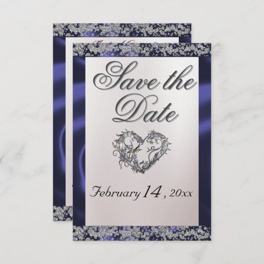 Elegant Pearl, Blue Ribbon & Sparkle Save The Date (Vorne/Hinten)