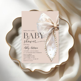 Elegant Pearl Bow Beige Neutral Baby Shower Einladung